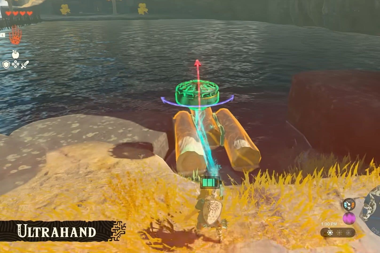A custom aquatic vehicle built with Ultrahand navigating a shoreline in Tears of the Kingdom.