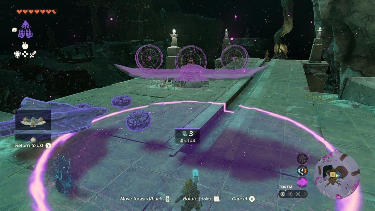 Link uses the Autobuild ability in Zelda Tears of the Kingdom to assemble a vehicle within a purple radius.