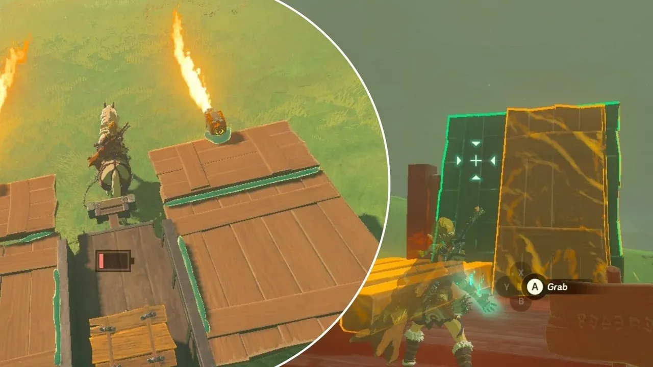 Link uses the Ultrahand ability in The Legend of Zelda: Tears of the Kingdom to assemble a complex wooden contraption.