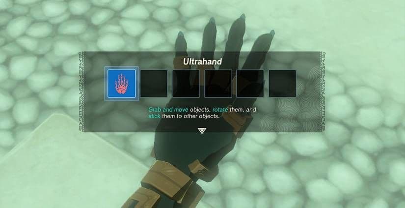 Link learns the Ultrahand ability in Tears of the Kingdom with on-screen instructions for grabbing and rotating.