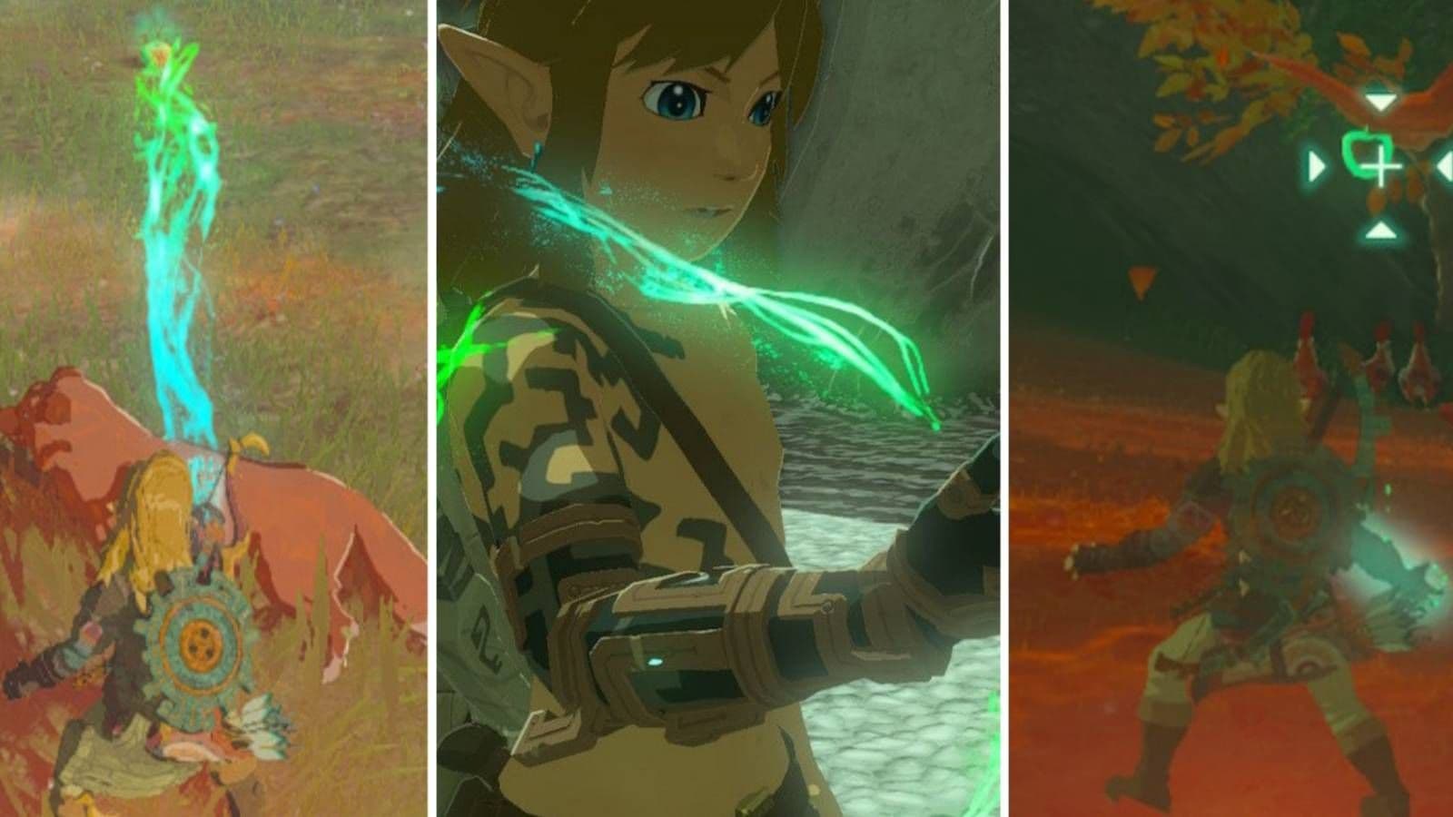 Link attaches glowing green parts to a mechanical object in Tears of the Kingdom.