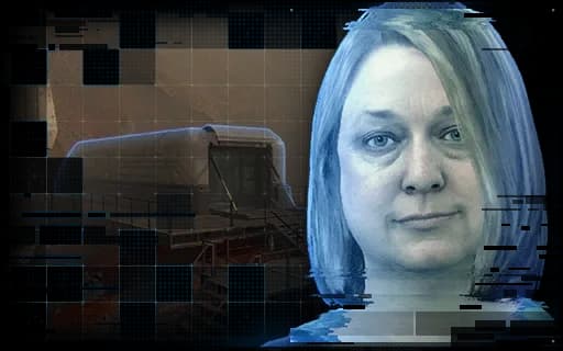 A digital portrait of the Chiral Artist's Mother in Death Stranding with a blue pixelated background.