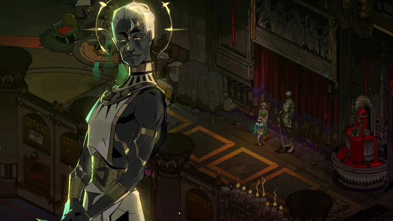 A tall armored figure stands in a decorated hall during the Hades 2 epilogue sequence in the House of Hades.