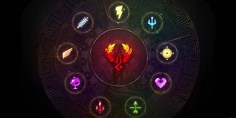 A circular progress chart in Hades showing various upgrade milestones and achievement icons.
