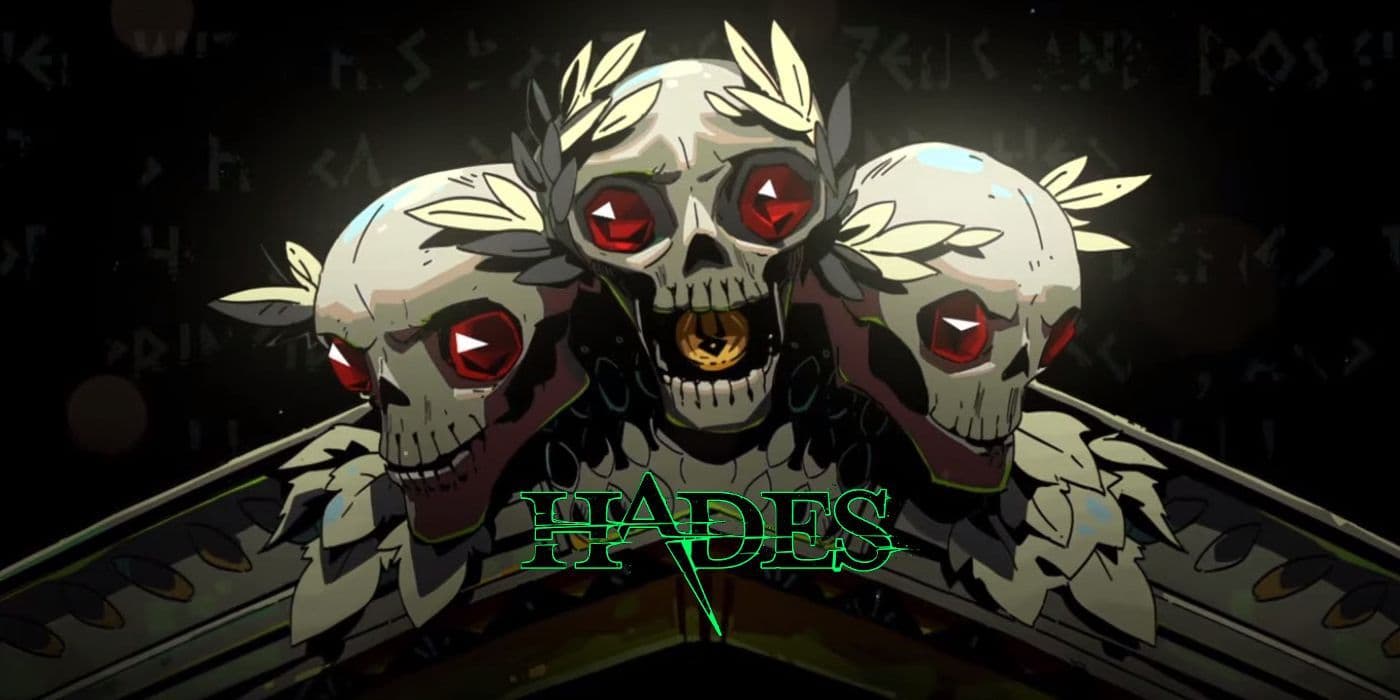 A dark Hades illustration featuring a skull with laurel wreaths and glowing green text.