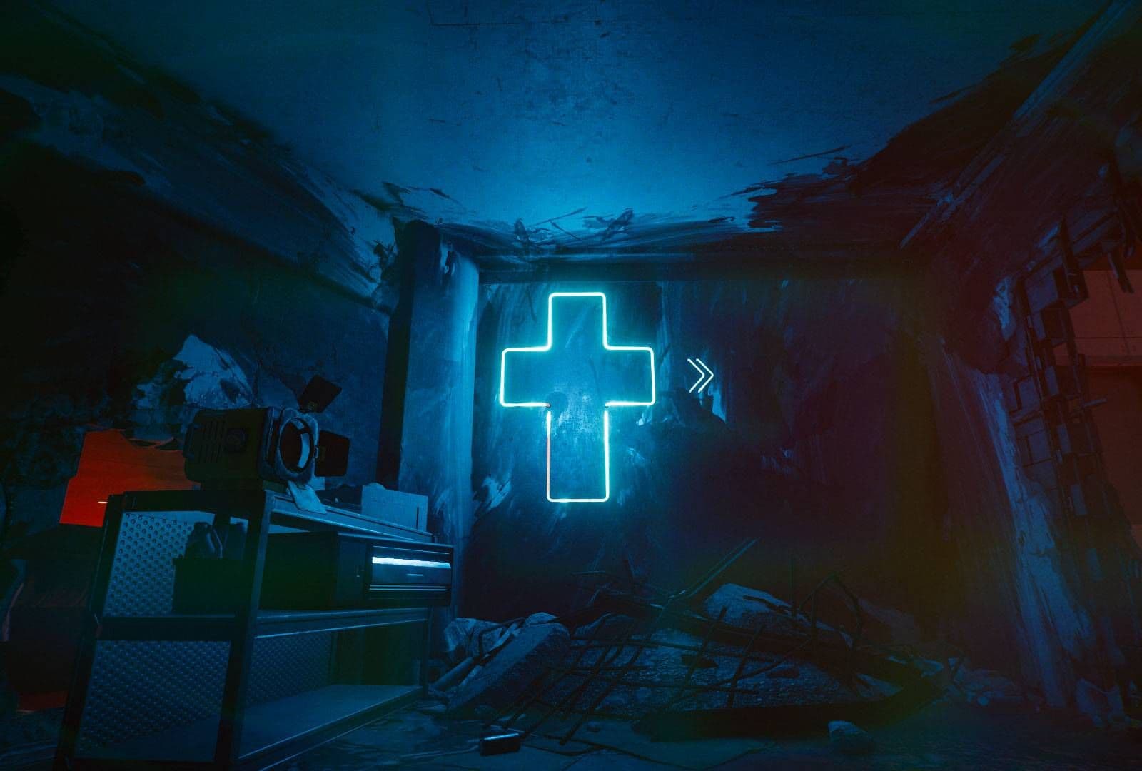 Una cruz azul y una flecha pintadas en una pared en Cyberpunk 2077 sirven como pistas visuales para la ruta al escondite.