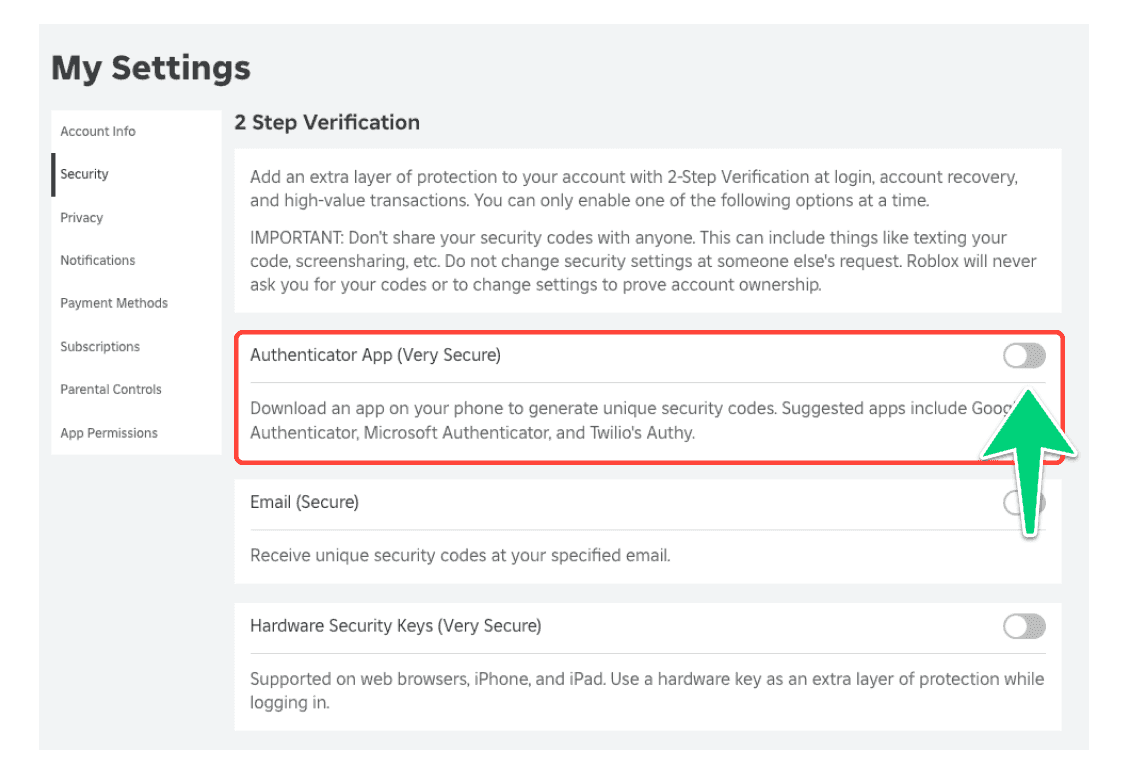 The Roblox security menu highlighting the Authenticator App option and a generated QR code.