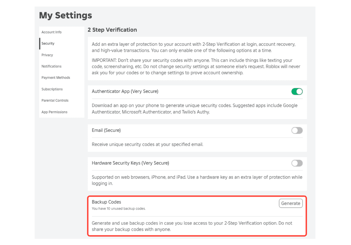 A Roblox security interface showing the completion of a two-factor authentication setup.