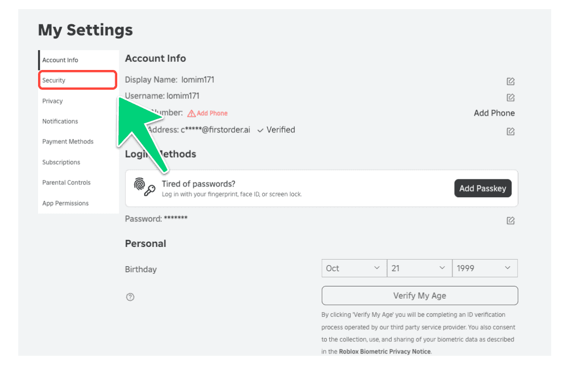 Navigate to the Roblox security settings menu to begin recovering or securing your account.