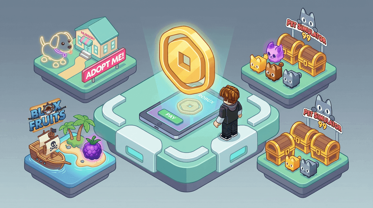 Isometric diorama of Roblox virtual economy elements including pets and treasure chests