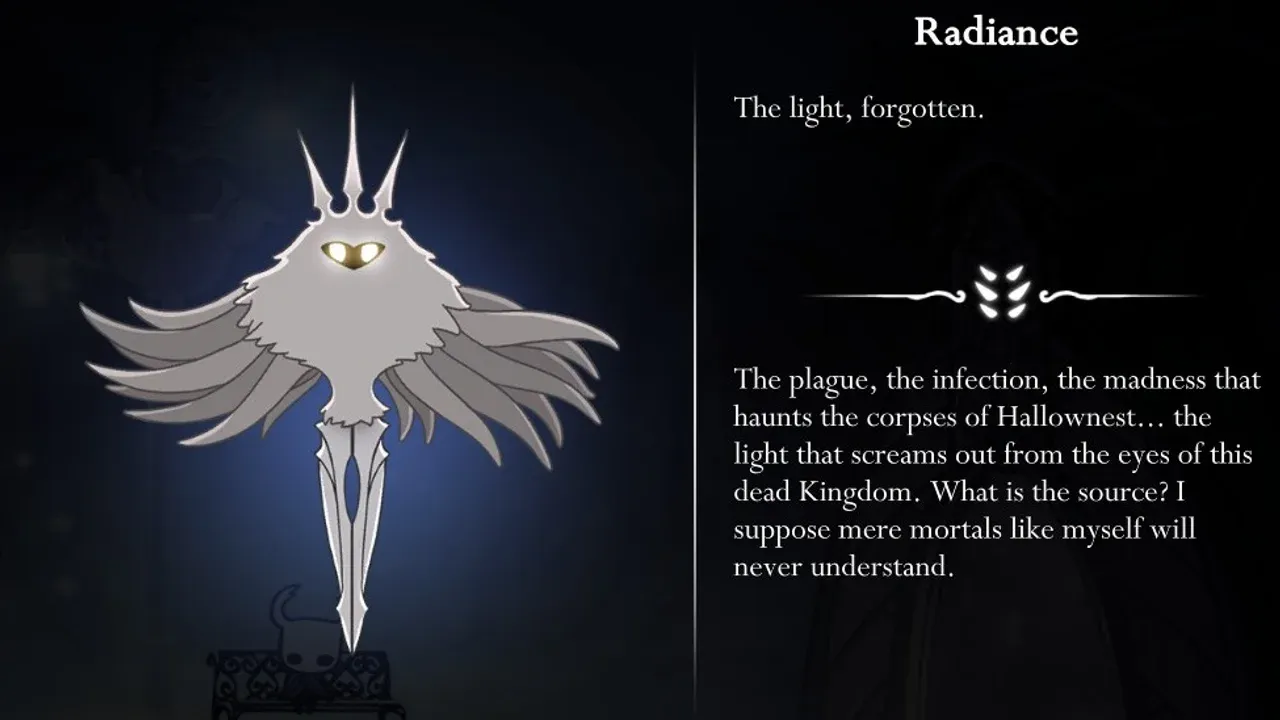 The Radiance boss in Hollow Knight floats with glowing wings and a crown above a dark shadowy figure.