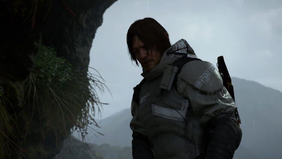 A high-fidelity screenshot from Death Stranding featuring the game's unique atmosphere and terrain.