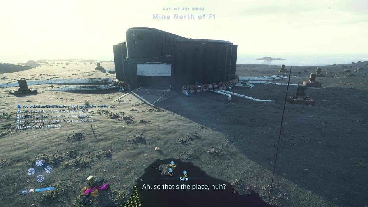 A monorail station in Death Stranding 2 showing infrastructure for resource collection and delivery.