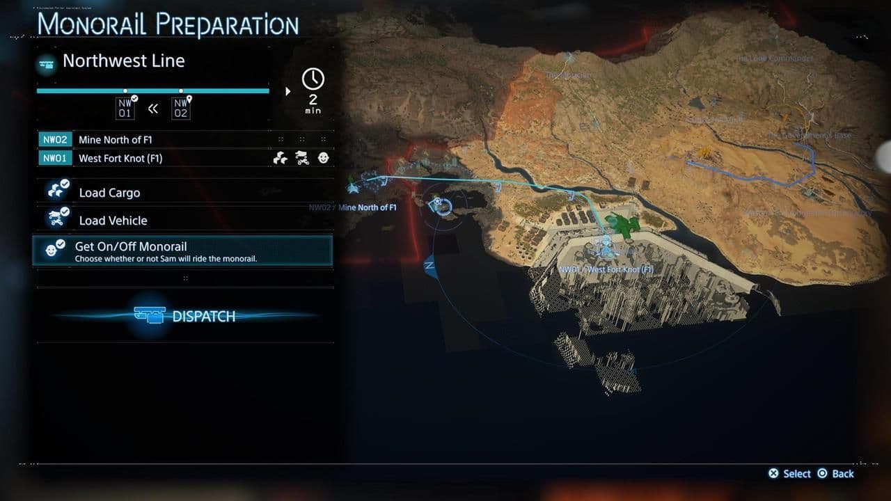 A Death Stranding 2 map showing monorail routes and cargo loading instructions for the Northwest Line.