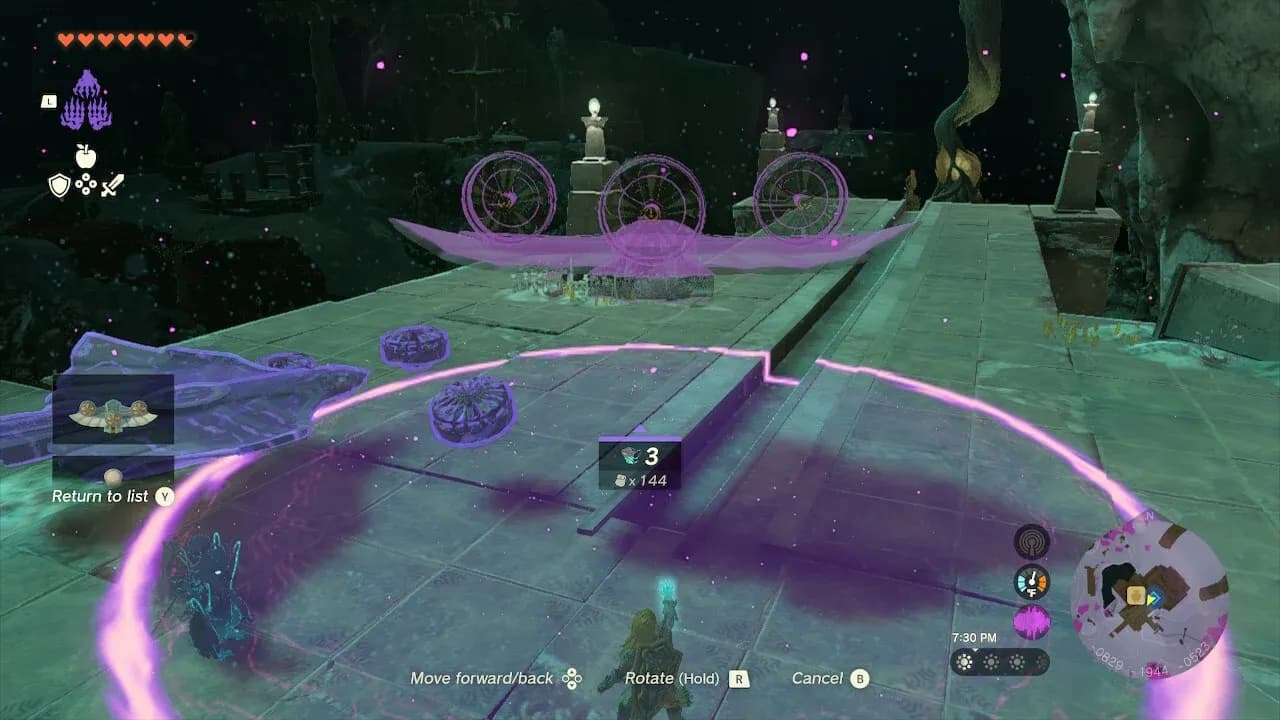 Link uses the Autobuild ability in Zelda Tears of the Kingdom to assemble a vehicle within a purple outline.