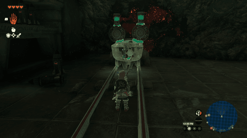 Link constructs a fan-powered mine cart in the Depths using building mechanics in Zelda Tears of the Kingdom.