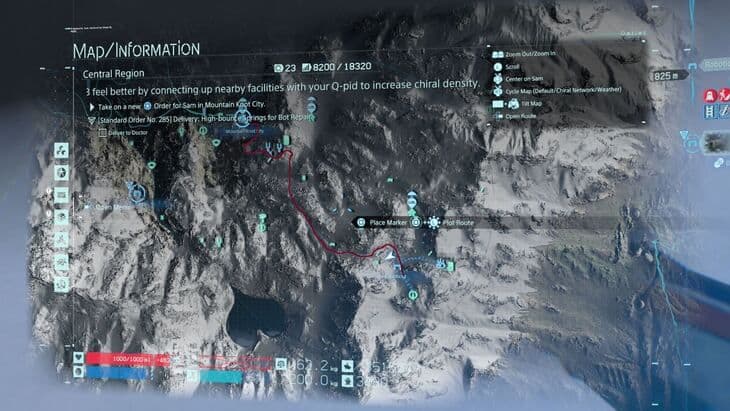 A Death Stranding map shows the red route line and terrain markers for the Roboticist walkthrough.