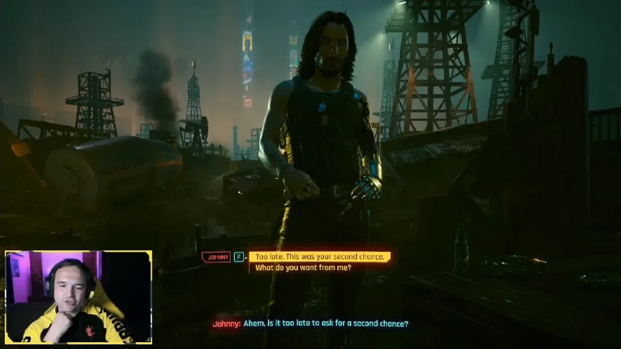 Johnny Silverhand at the oil fields, a pivotal location for the Cyberpunk 2077 secret ending.