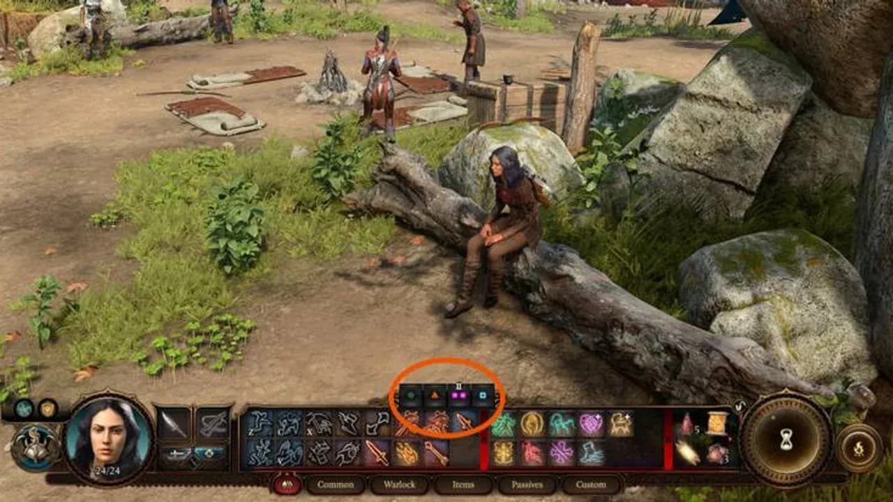 A Baldur's Gate 3 player character sits on a log at camp during the day to recover resources.
