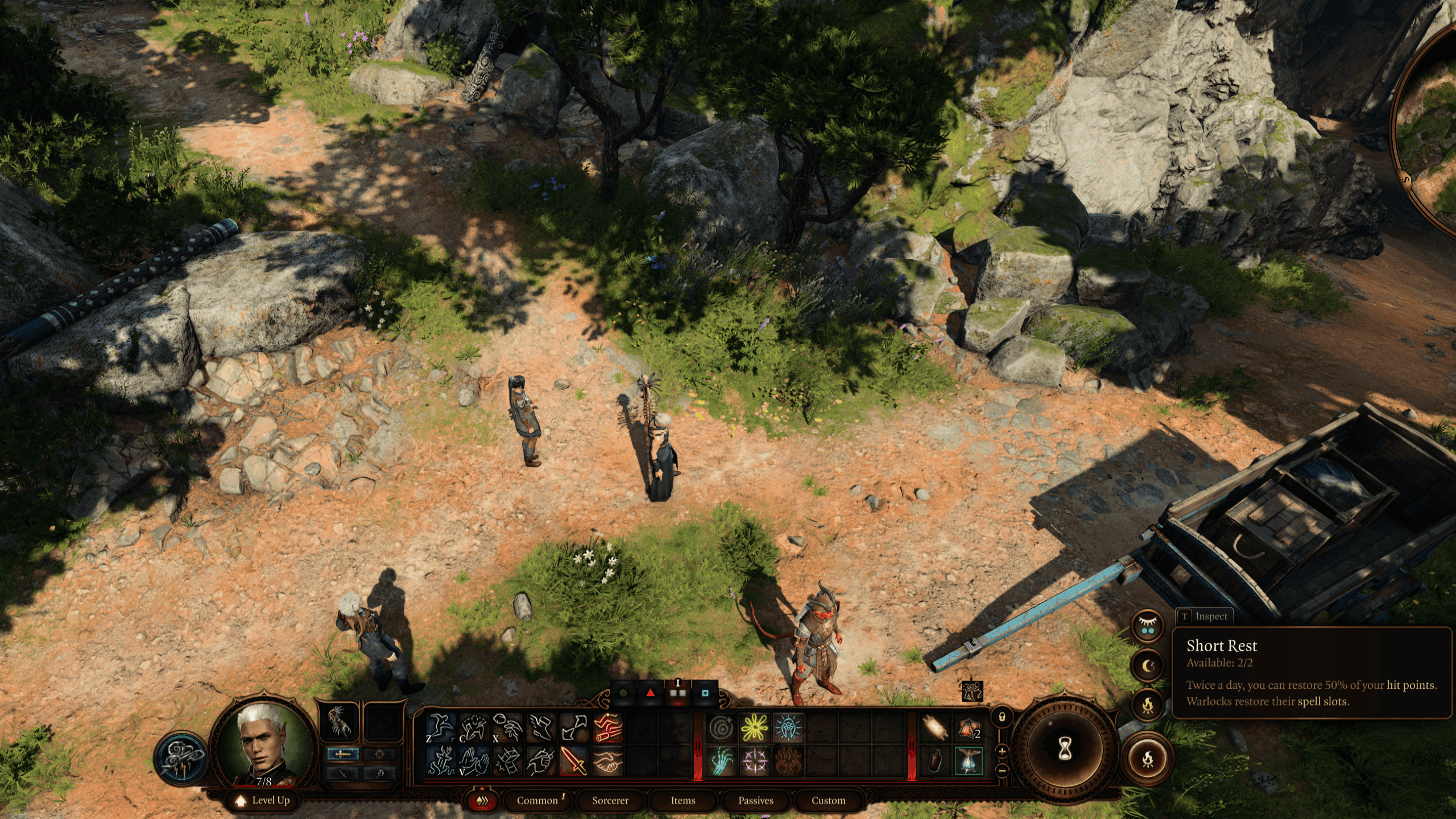 The Baldur's Gate 3 user interface showing the campfire icon used to access the resting menu.