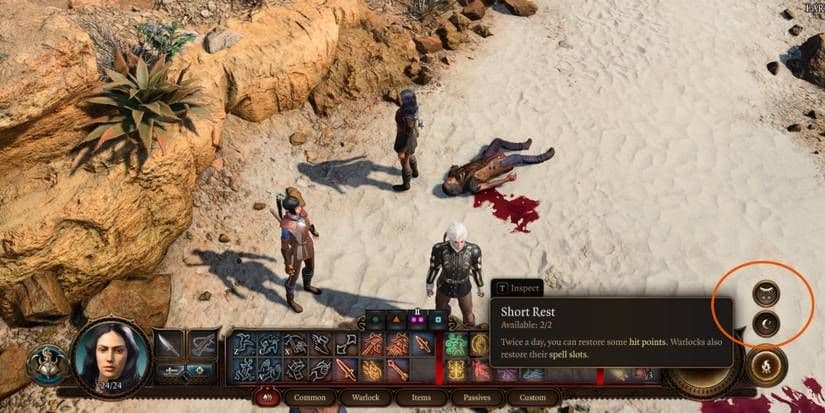 A Baldur's Gate 3 party explores the Overgrown Ruins beach while managing short rest resources.