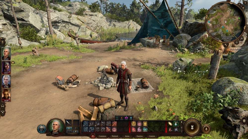 A Baldur's Gate 3 character standing near camp supplies and bedrolls in a wooded campsite.