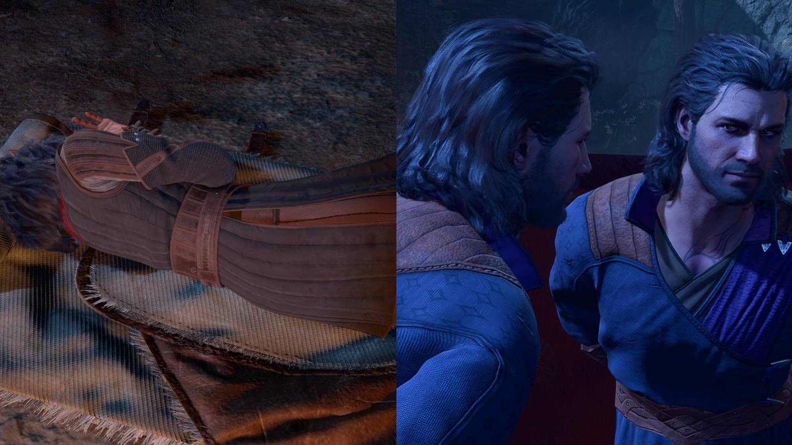 A player character sleeping on a bedroll in Baldur's Gate 3 while Gale stands nearby.
