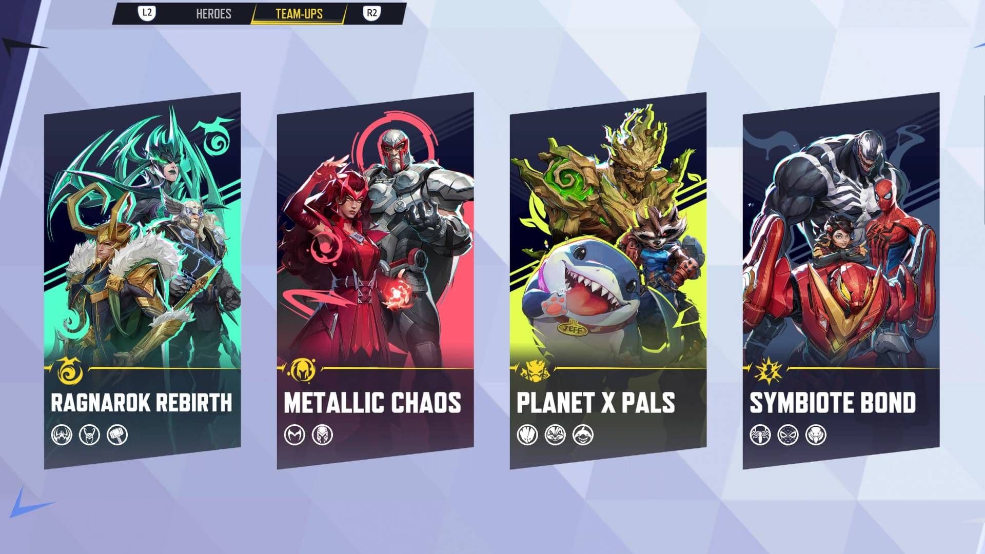 Marvel Rivals Team-Up cards for Ragnarok Rebirth, Metallic Chaos, Planet X Pals, and Symbiote Bond.