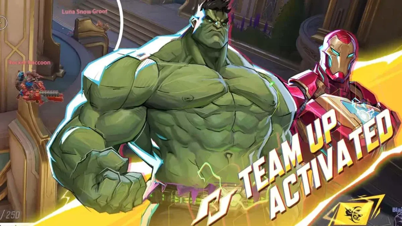 Hulk and Iron Man activate a Team Up synergy ability in a Marvel Rivals combat match.
