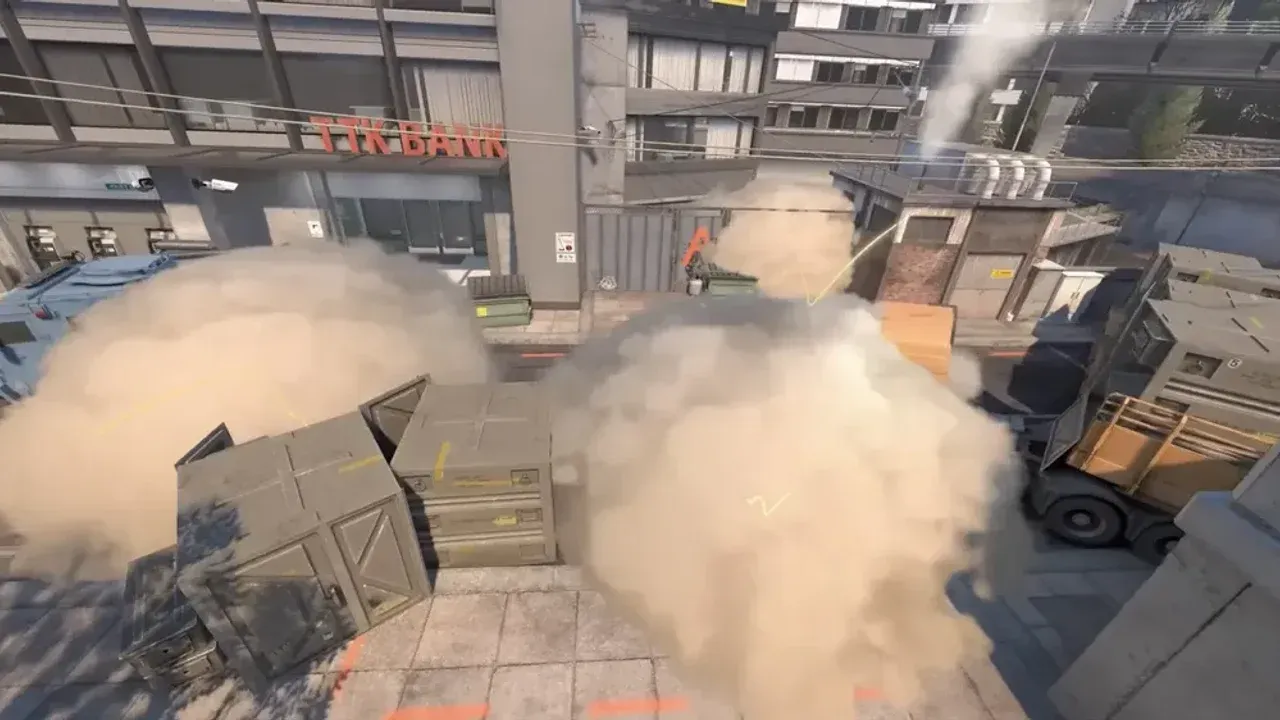 A Counter-Strike 2 match showing new responsive smoke grenades creating thick clouds and bullet hole dispersal effects.