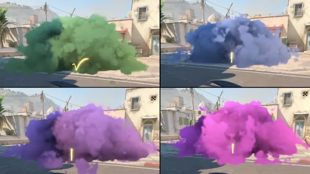 Representación visual de los diferentes colores y propiedades del humo en Counter-Strike 2.