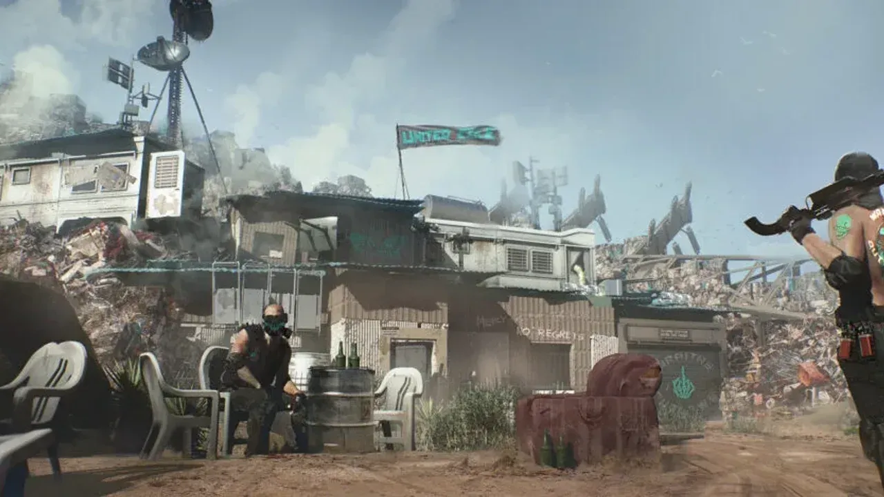 A Wraith-occupied Badlands junkyard camp with improvised structures and a nomad in the foreground.