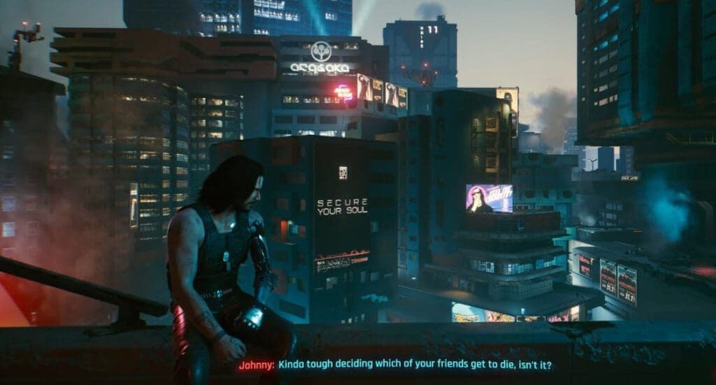 A view of Night City representing the Don't Fear The Reaper secret ending in Cyberpunk 2077.