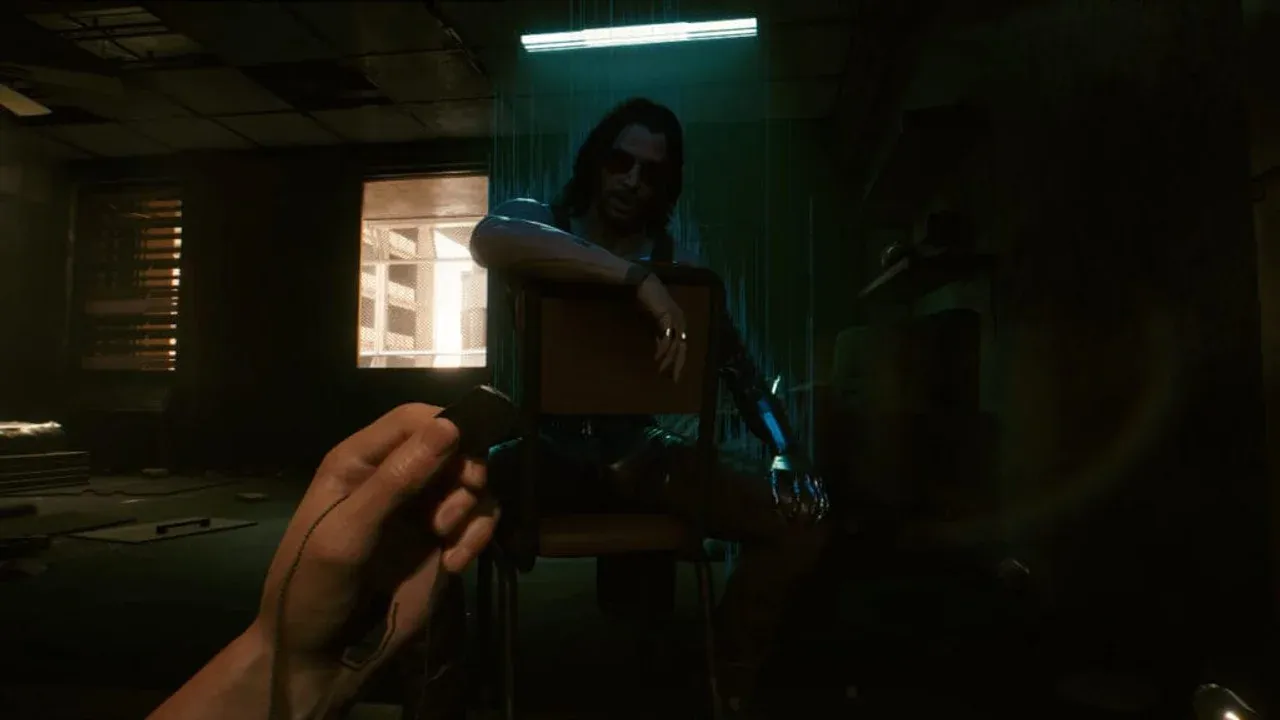 Johnny Silverhand and V sitting together, illustrating their evolving relationship throughout Cyberpunk 2077.