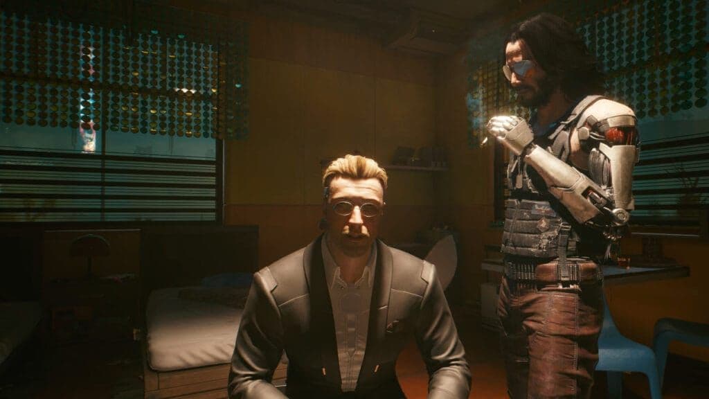 Cyberpunk 2077 Johnny Silverhand and V discussing the final assault during the point of no return.