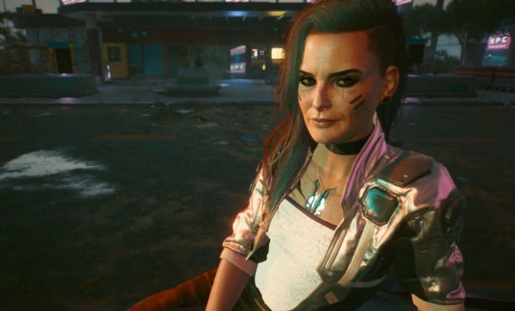 Johnny Silverhand and Rogue watch a movie during the Blistering Love side quest in Cyberpunk 2077.