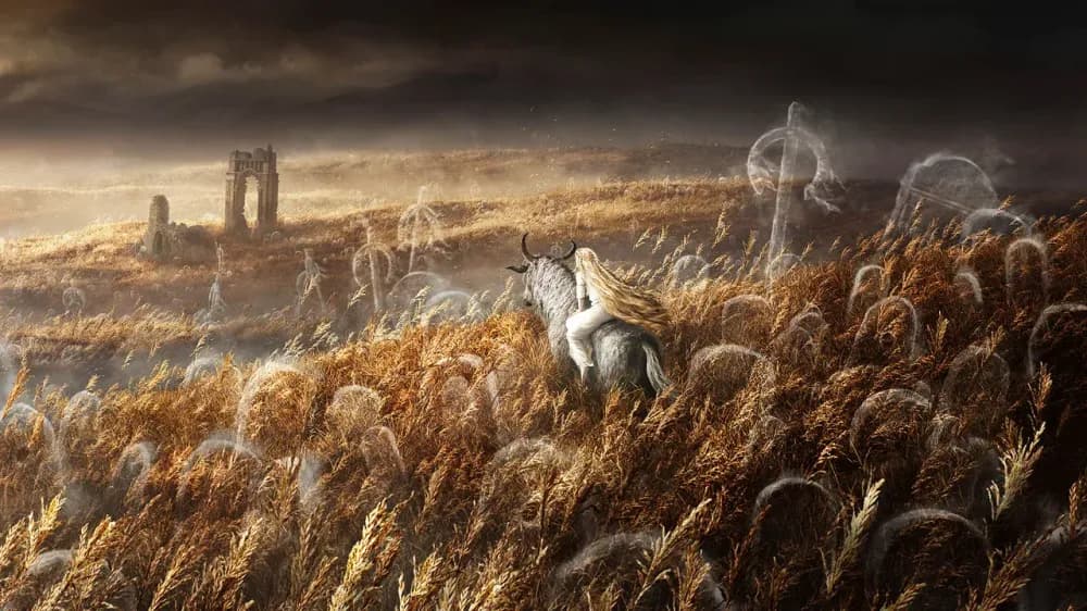 Elden Ring Shadow of the Erdtree DLC artwork showing Miquella on a spectral steed in a golden field.