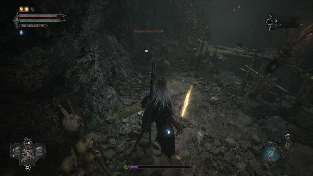 Lords of the Fallen performance mode on PS5 showing particle effects and Unreal Engine 5 visuals.