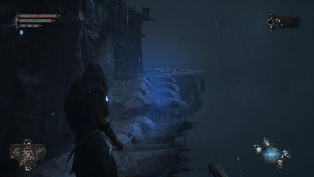 A Lords of the Fallen character uses the Umbral Lamp to glimpse the parallel world of the dead.