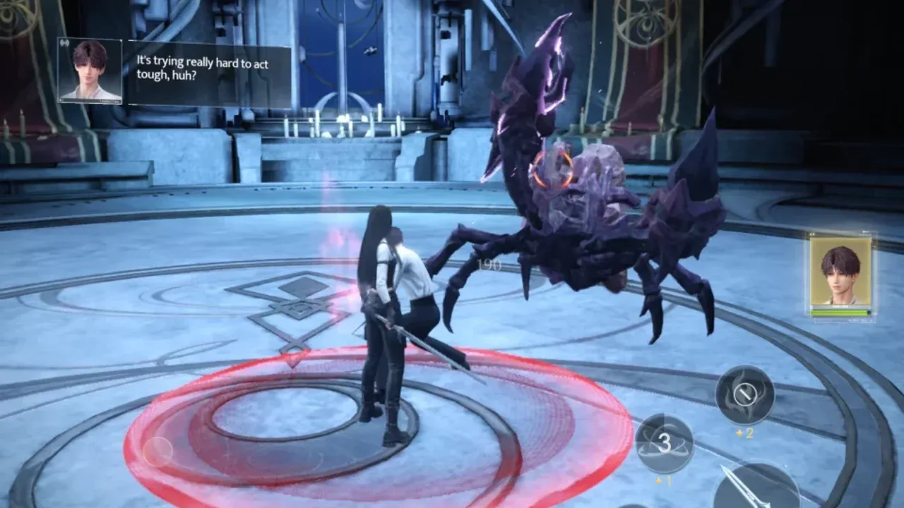 The main character and Rafayel engage in real-time action combat against a Wanderer enemy in Love and Deepspace.