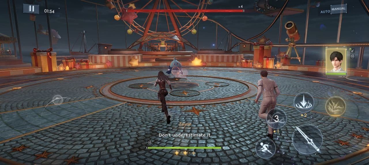 Zayne engages in a battle against a star-shaped enemy in a Love and Deepspace combat sequence.