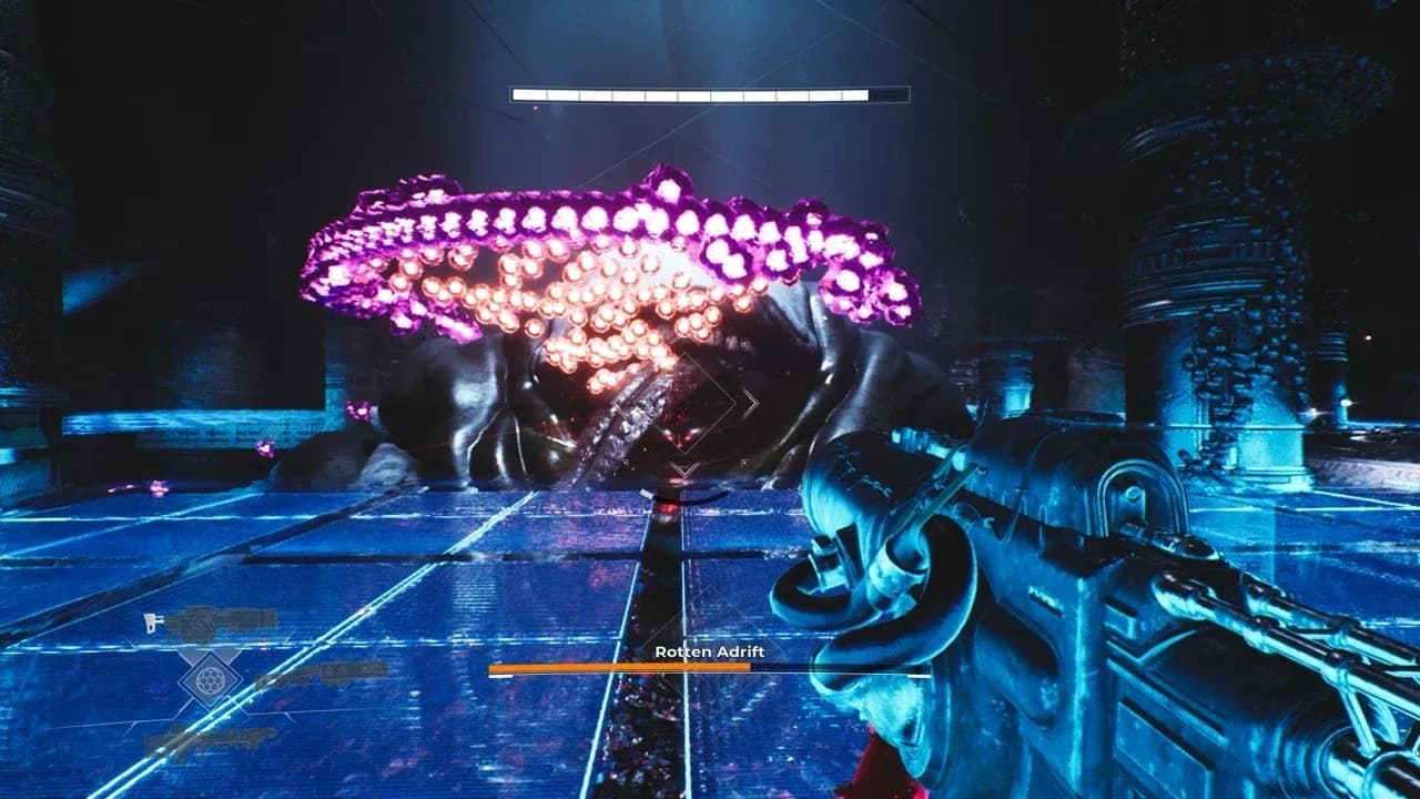 A striking view of the surreal and synthetic sci-fi architecture in the lunar prison of Luna Abyss.