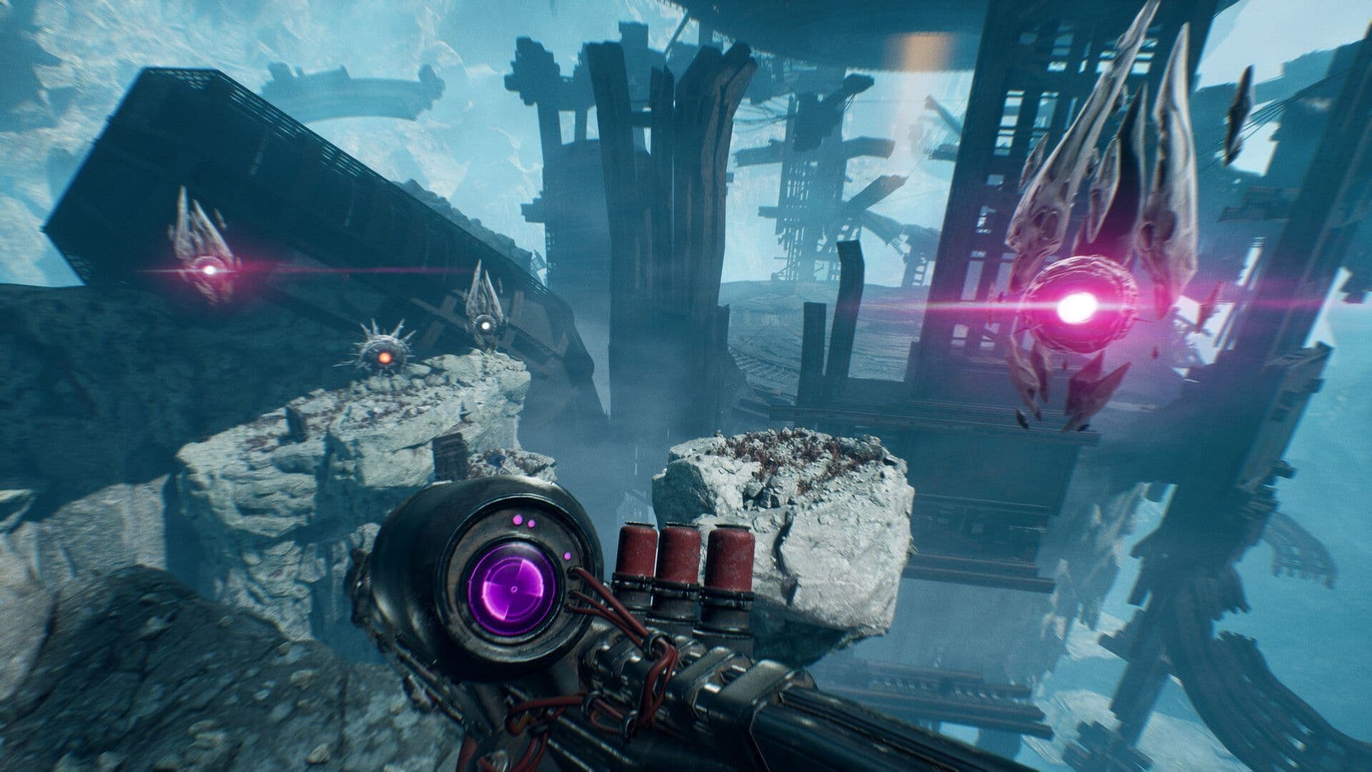 A first-person view of the platforming elements in Luna Abyss showing the game's vertical level design.