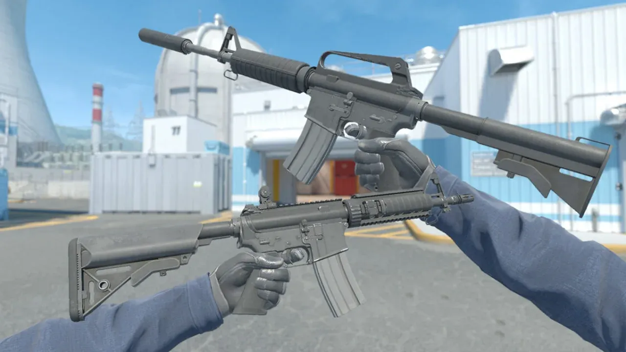 A side-by-side comparison of the M4A1-S and M4A4 rifles in Counter-Strike 2, highlighting the CT loadout debate.