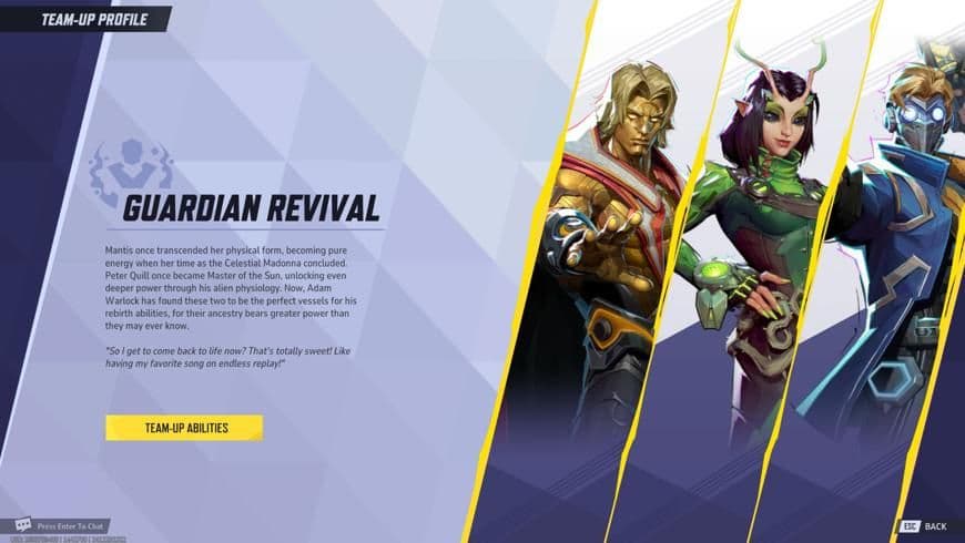 Adam Warlock, Star-Lord, and Mantis utilize the Guardian Revival Team-Up in Marvel Rivals.