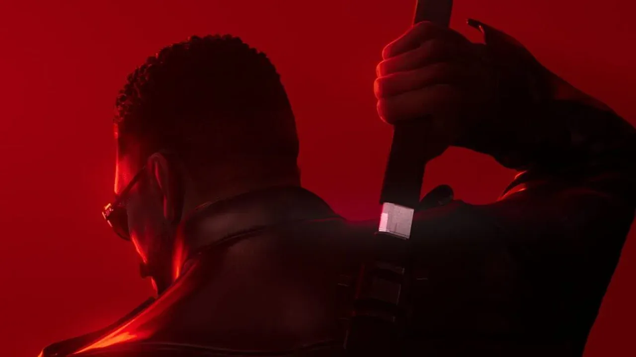 A cinematic gameplay moment from Marvel's Blade showing the visceral atmosphere of Arkane Lyon's vampire hunt.