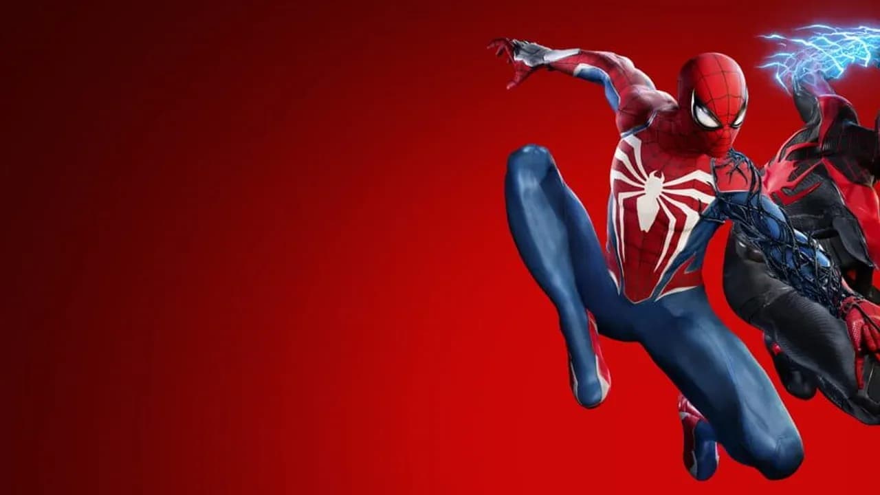 Peter Parker's Spider-Man leaps through the air in a dynamic action pose from Marvel's Spider-Man 2.