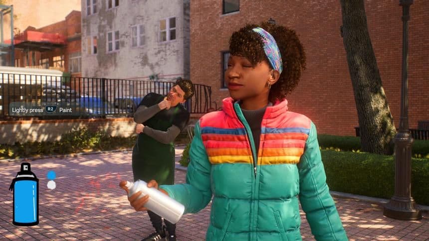 Miles Morales participates in a spray painting side activity in Marvel's Spider-Man 2.