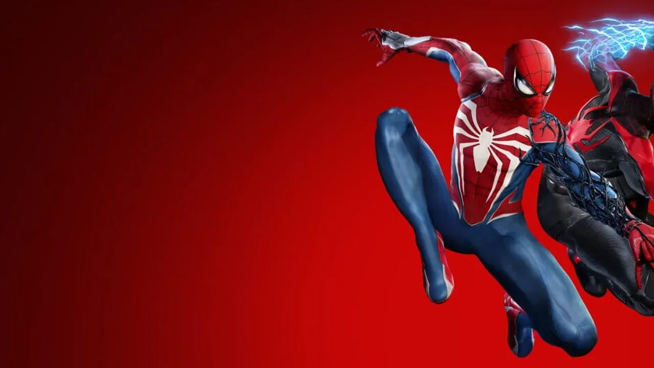 Peter Parker and Miles Morales swing through New York City in Marvel's Spider-Man 2 official artwork.