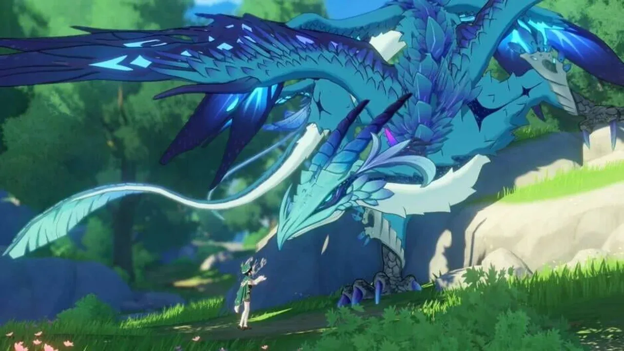 Genshin Impact characters engaging in combat using elemental abilities in a lush open world environment.